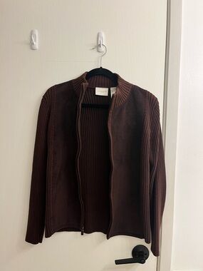 Brown knit and suede zip jacket